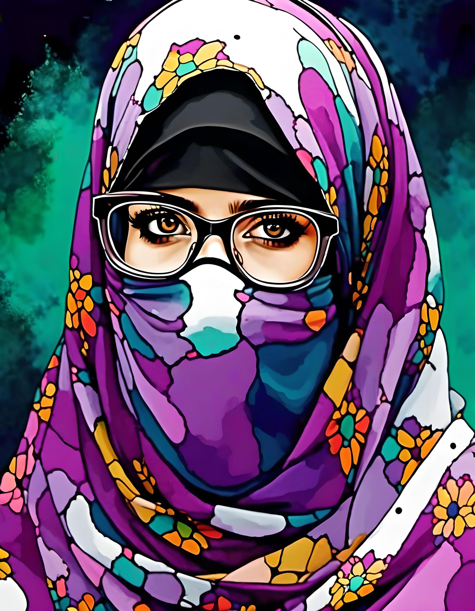 Psychedelic Portrait of Niqabi Woman in Alcohol Ink Style