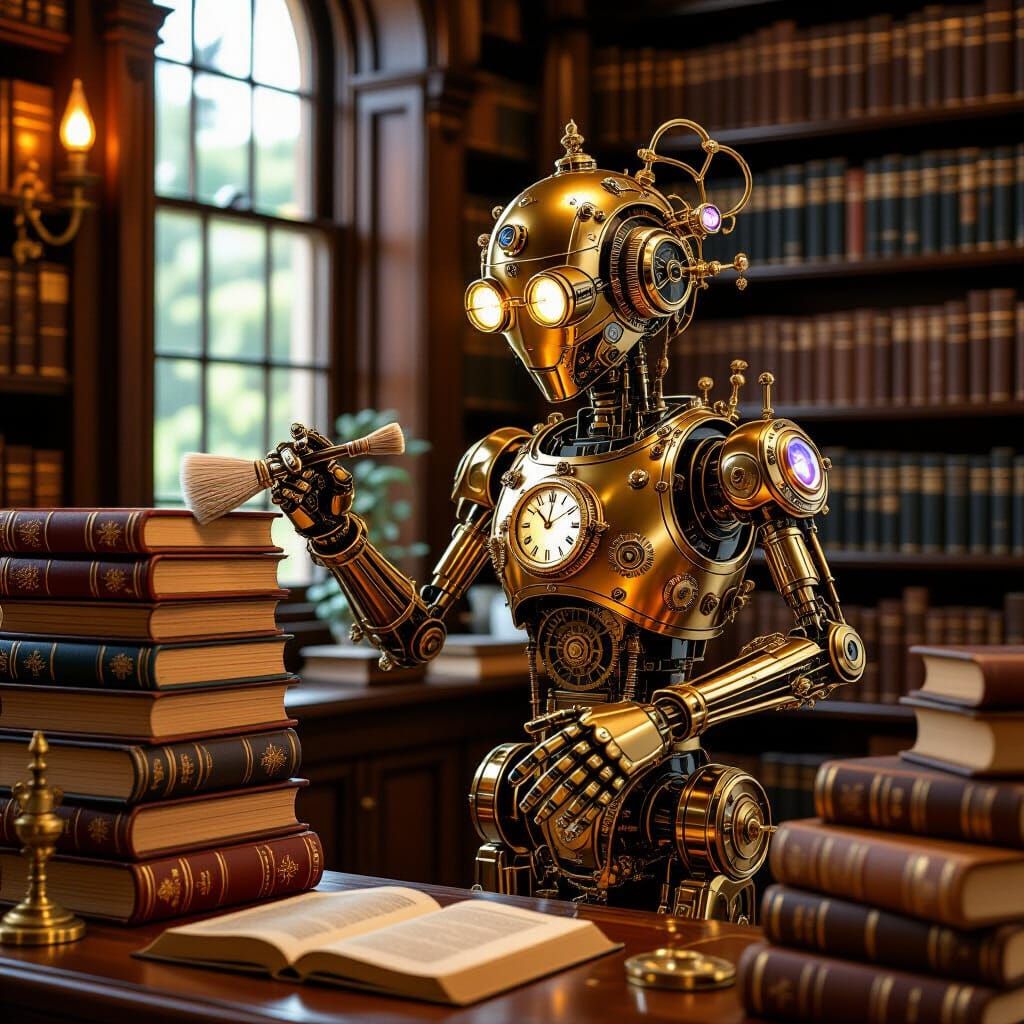 Steampunk Automaton Dusting Books in Cozy Library