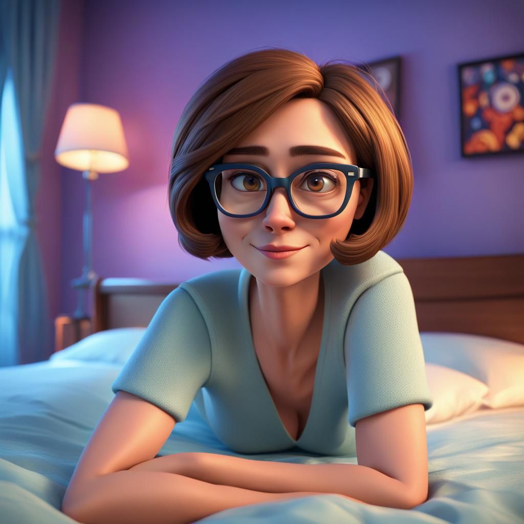 Woman with Brown Bob in Bedroom: 3D Digital Art