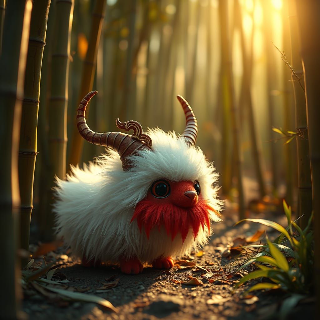Whimsical Plush Creature in Surreal Bamboo Forest