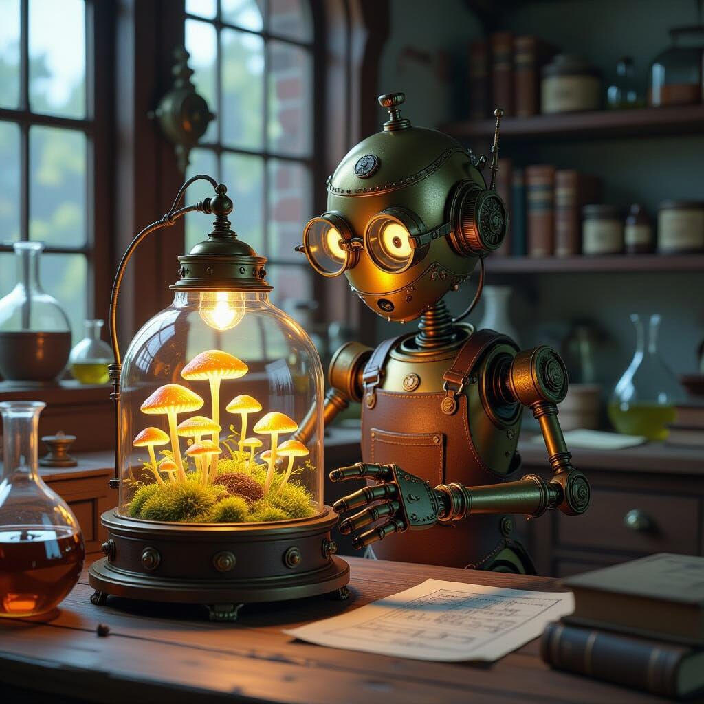Steampunk Automaton Tends Bioluminescent Fungi Greenhouse