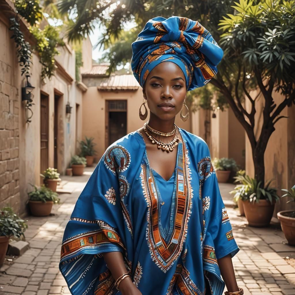African Woman in Blue Dashiki Walking in Courtyard