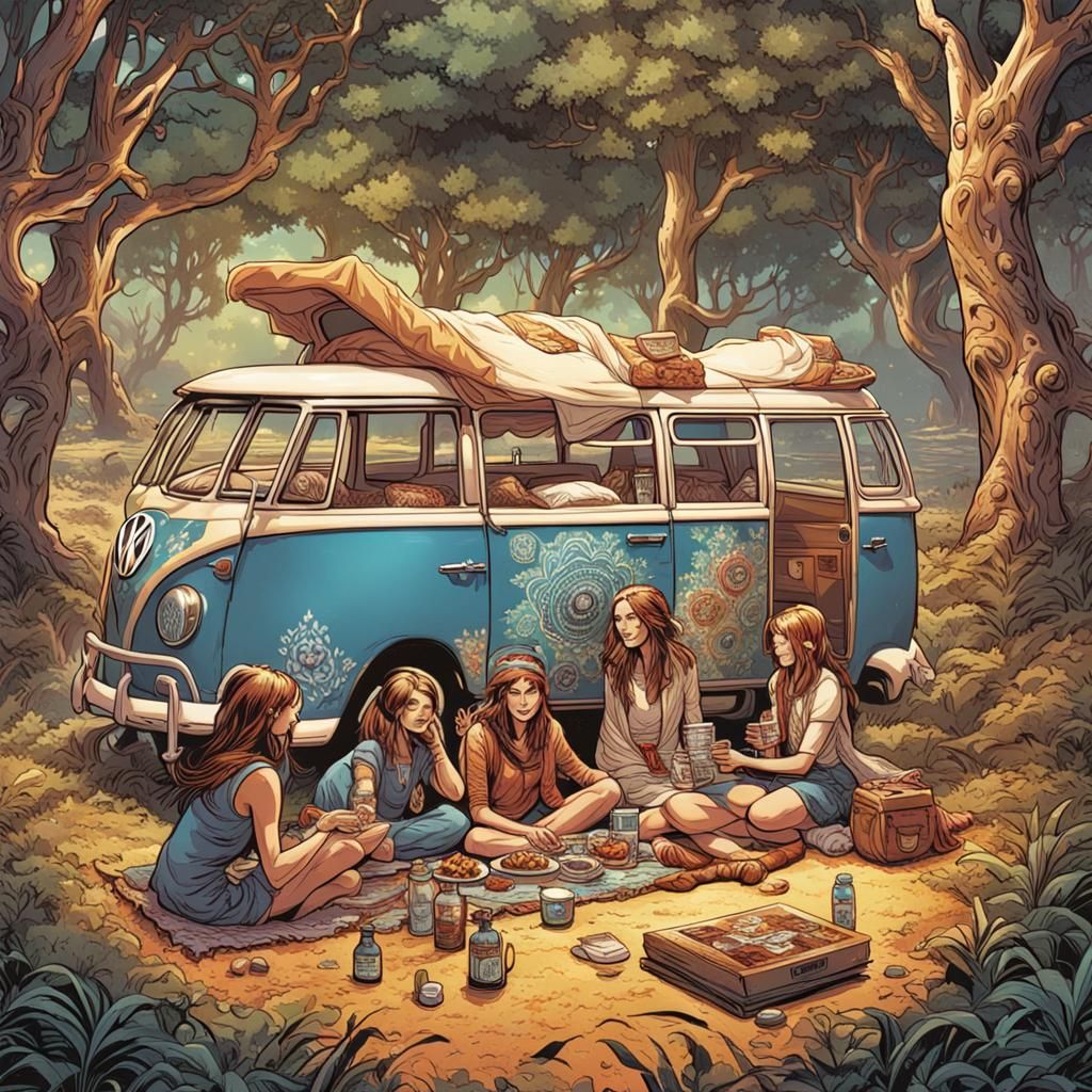 Hippy Picnic with Volkswagen in Comic Book Style
