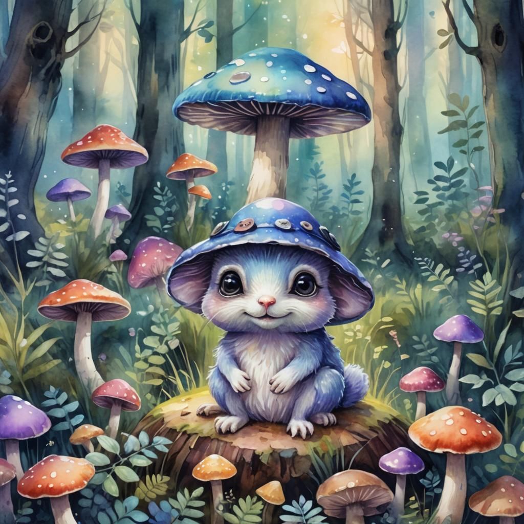 Fluffy Animal on Mushroom in Whimsical Digital Painting