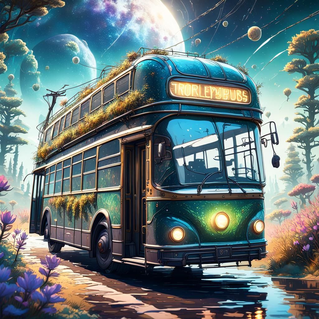 Trolleybus Flies Through Wild Cosmos