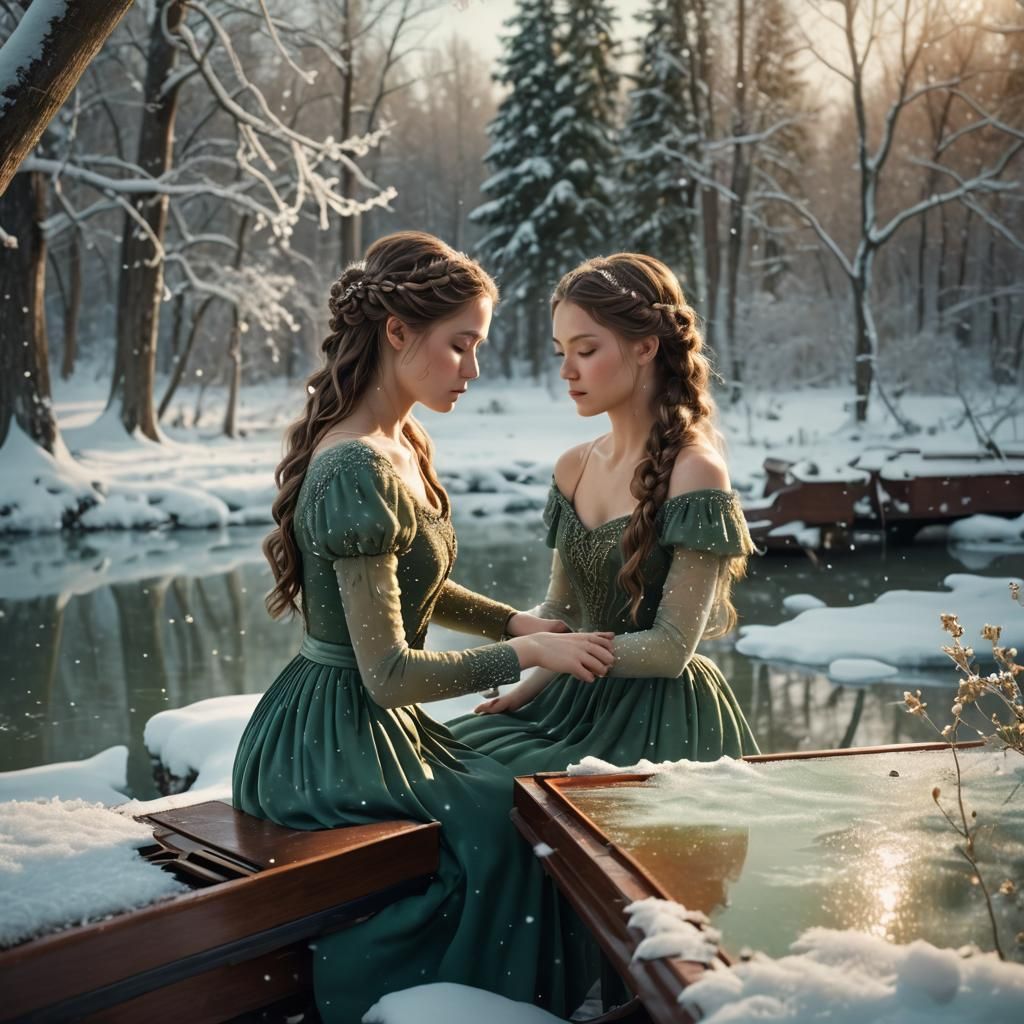 Ethereal Woman Plays Piano on Frozen Pond