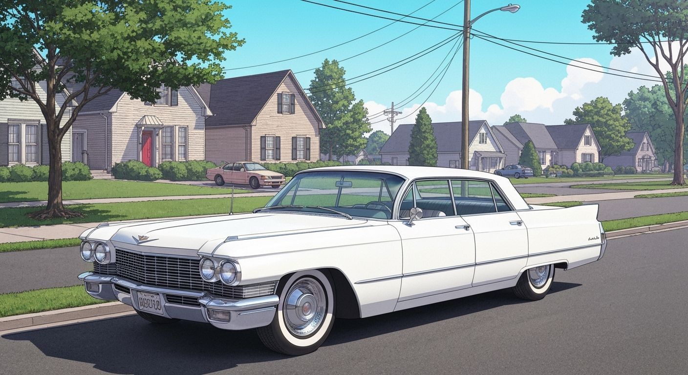 White 1960s Cadillac in Ligne Claire Style