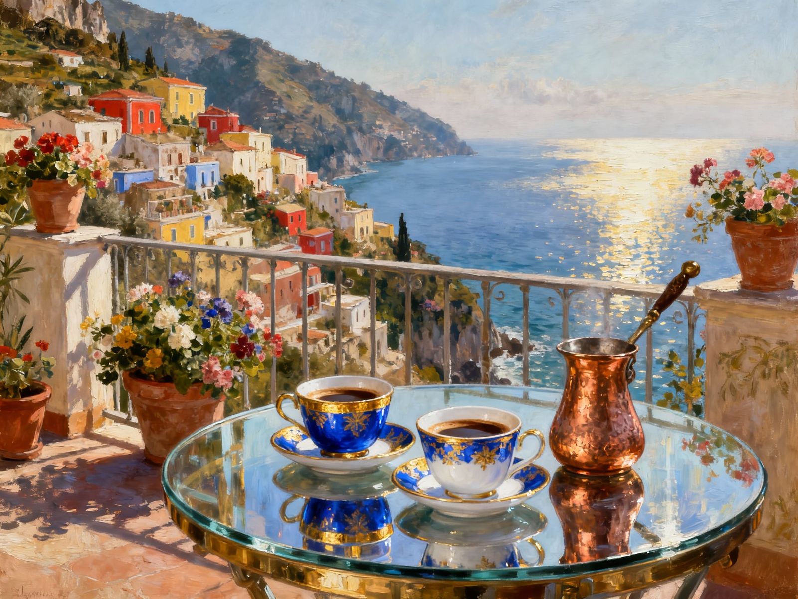 Mediterranean Terrace Coffee Scene in Maximalist Oil Paintin...