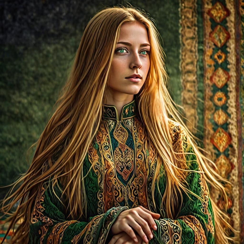 Golden Haired Princess with Magic Carpet, Hyperrealistic Por...