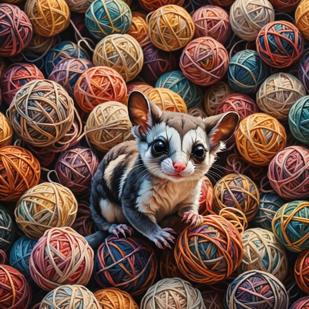 Tiny Sugar Glider Plays with Yarn in Impressionistic Style