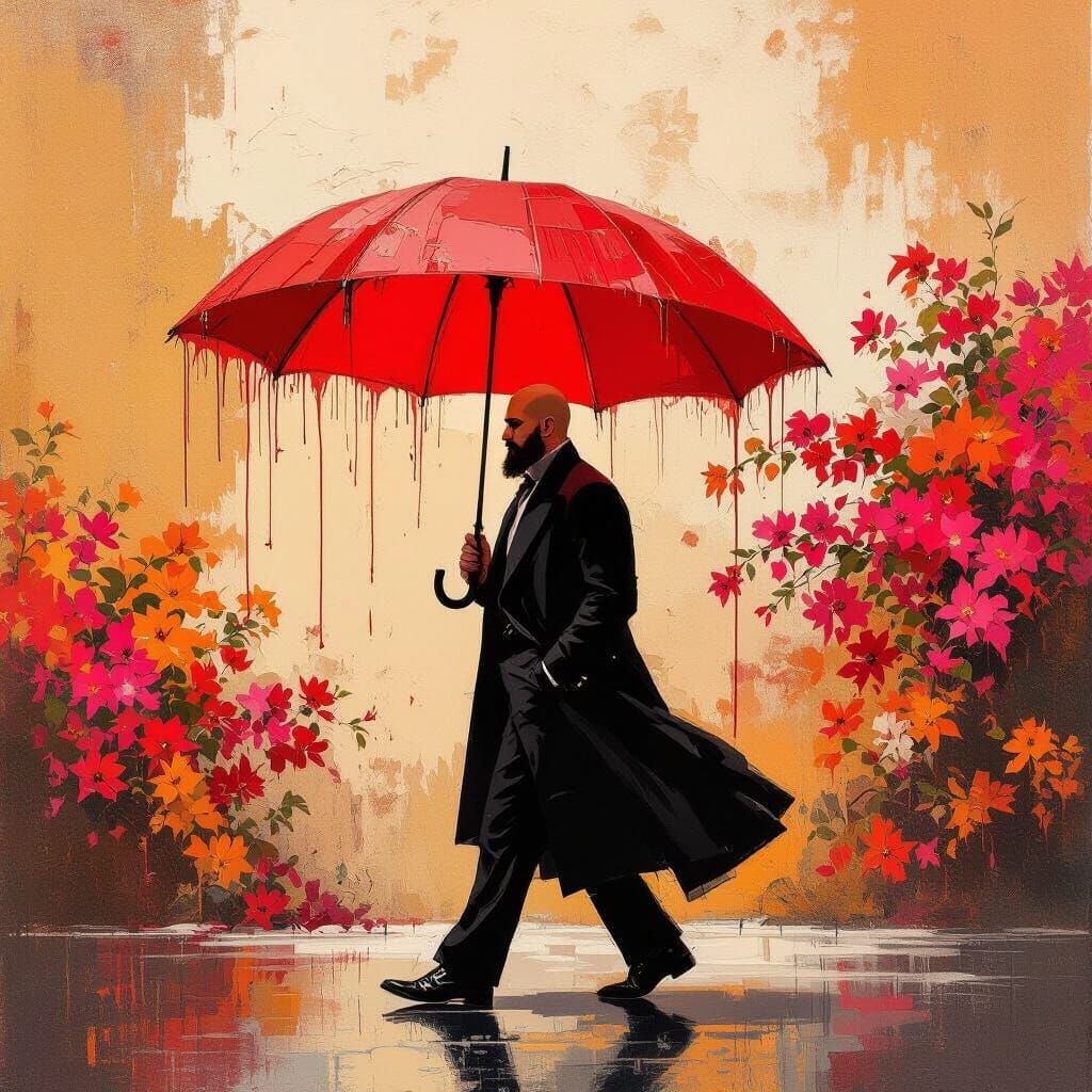 Elegant Man with Red Umbrella, Expressionist Impasto Paintin...
