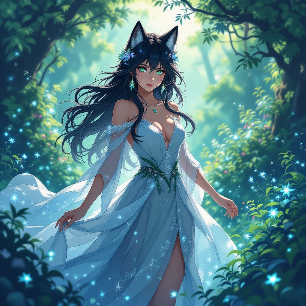 Anime Wolf Woman in Bioluminescent Field