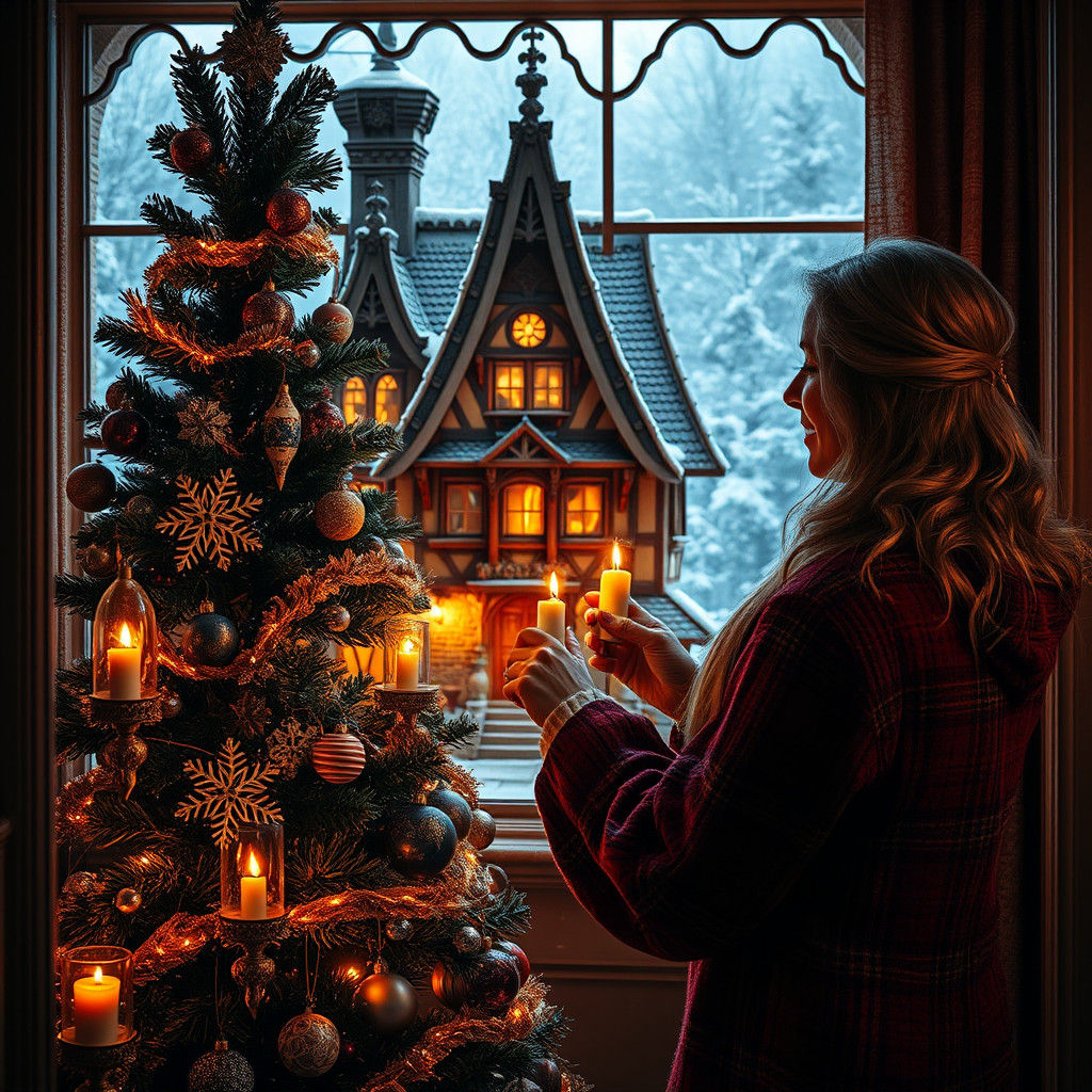 Woman Decorating Christmas Tree in Medieval House