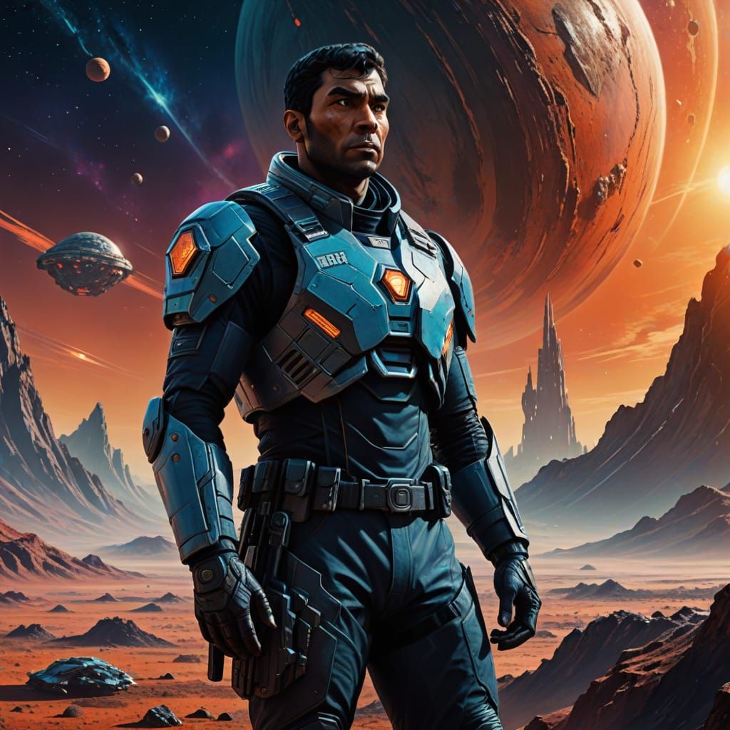 Vulcan Security Officer in a Distant Planet Landscape