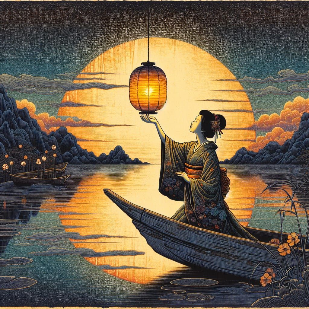 Woman with Lantern in Twilight Lakescape, Ukiyo-e Style