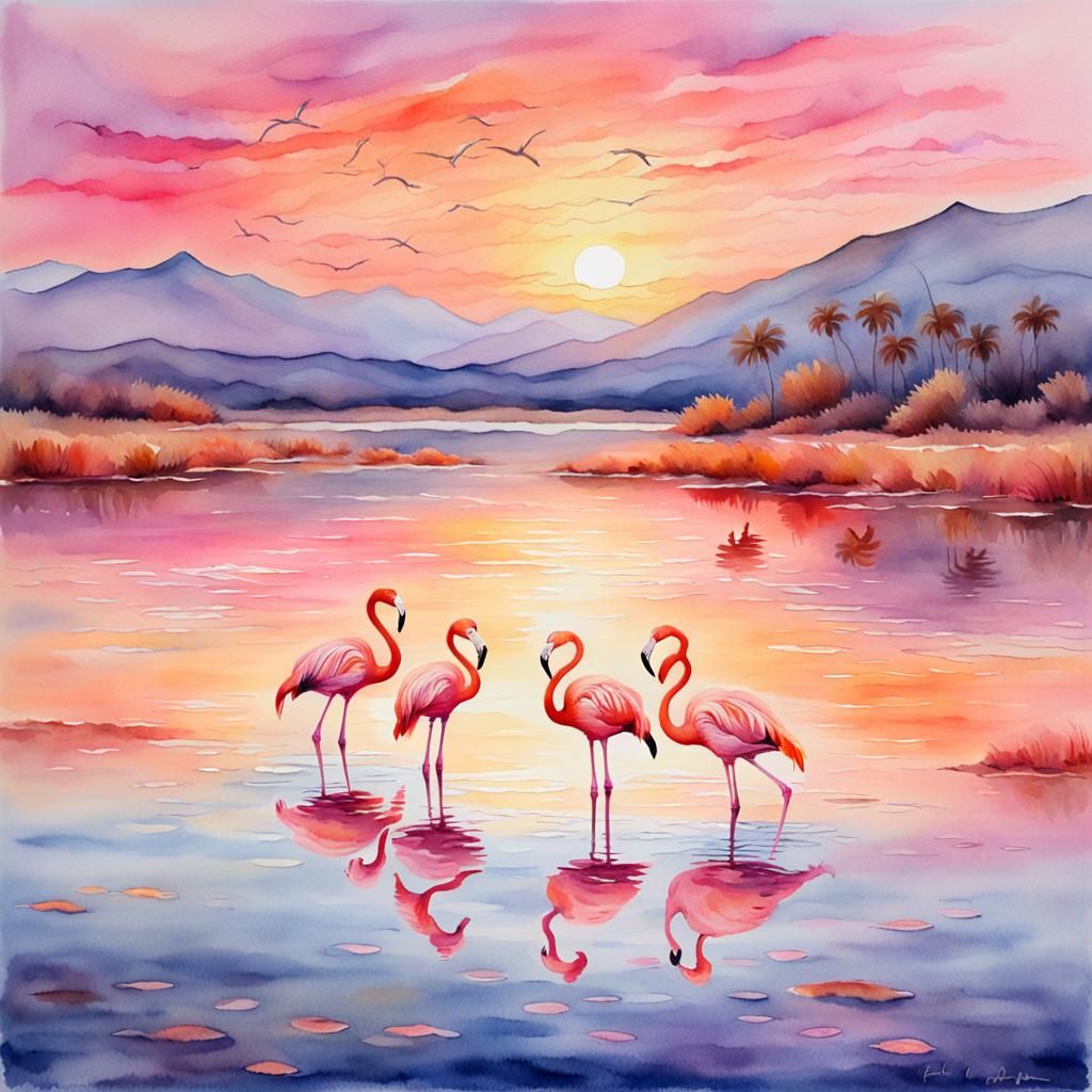 Flamingos Wading at Sunset: Watercolor Impression