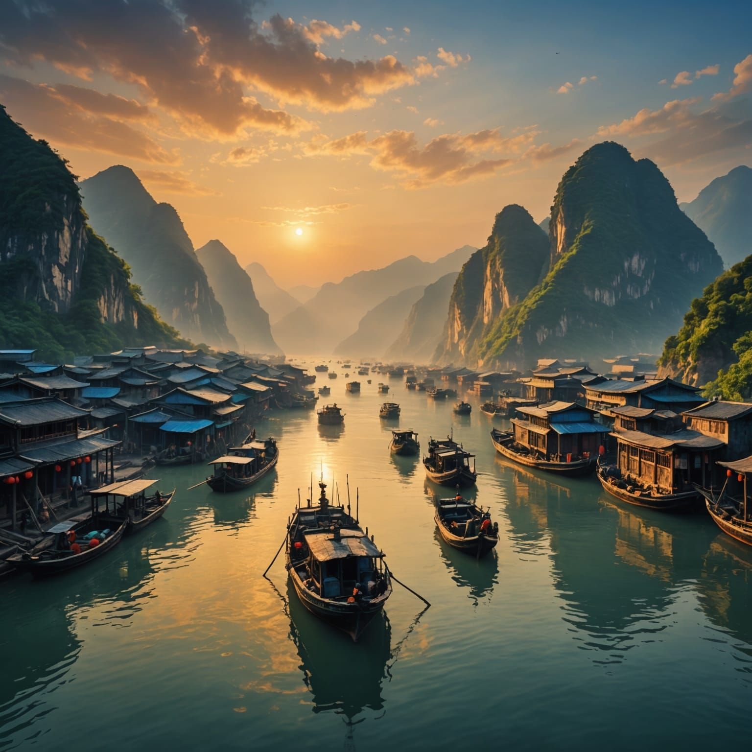 Yangtze River Fishing Boats: Impressionistic Sunrise