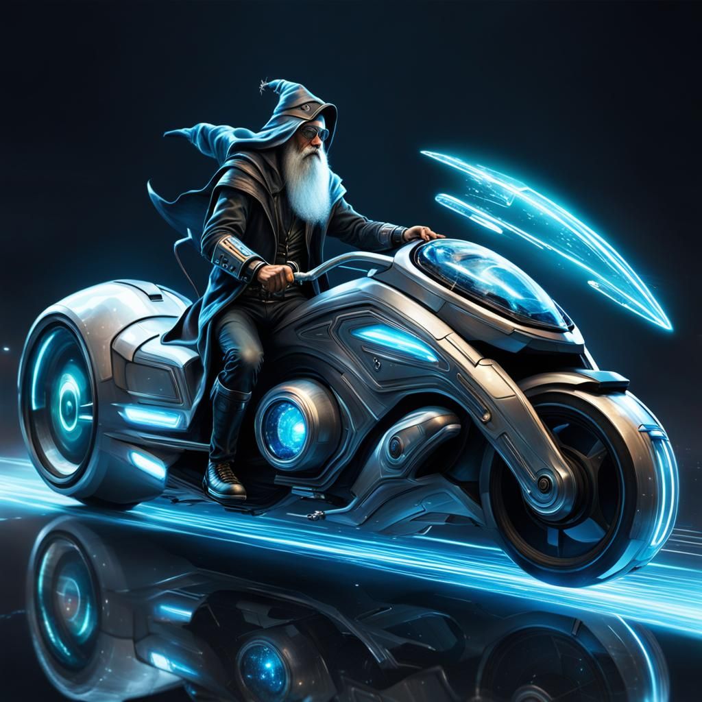 A wizard riding a futuristic motorcycle.