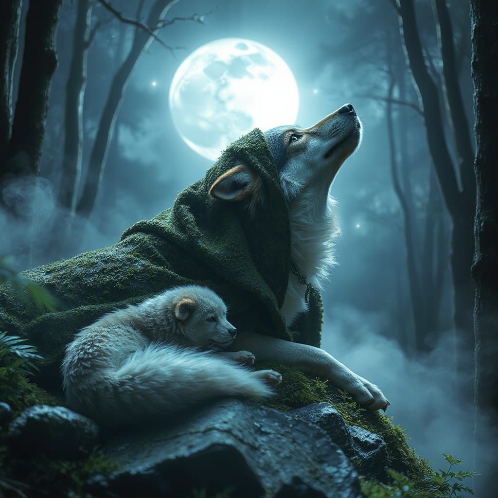 Wolf Spirit Emerges in Moonlit Glade