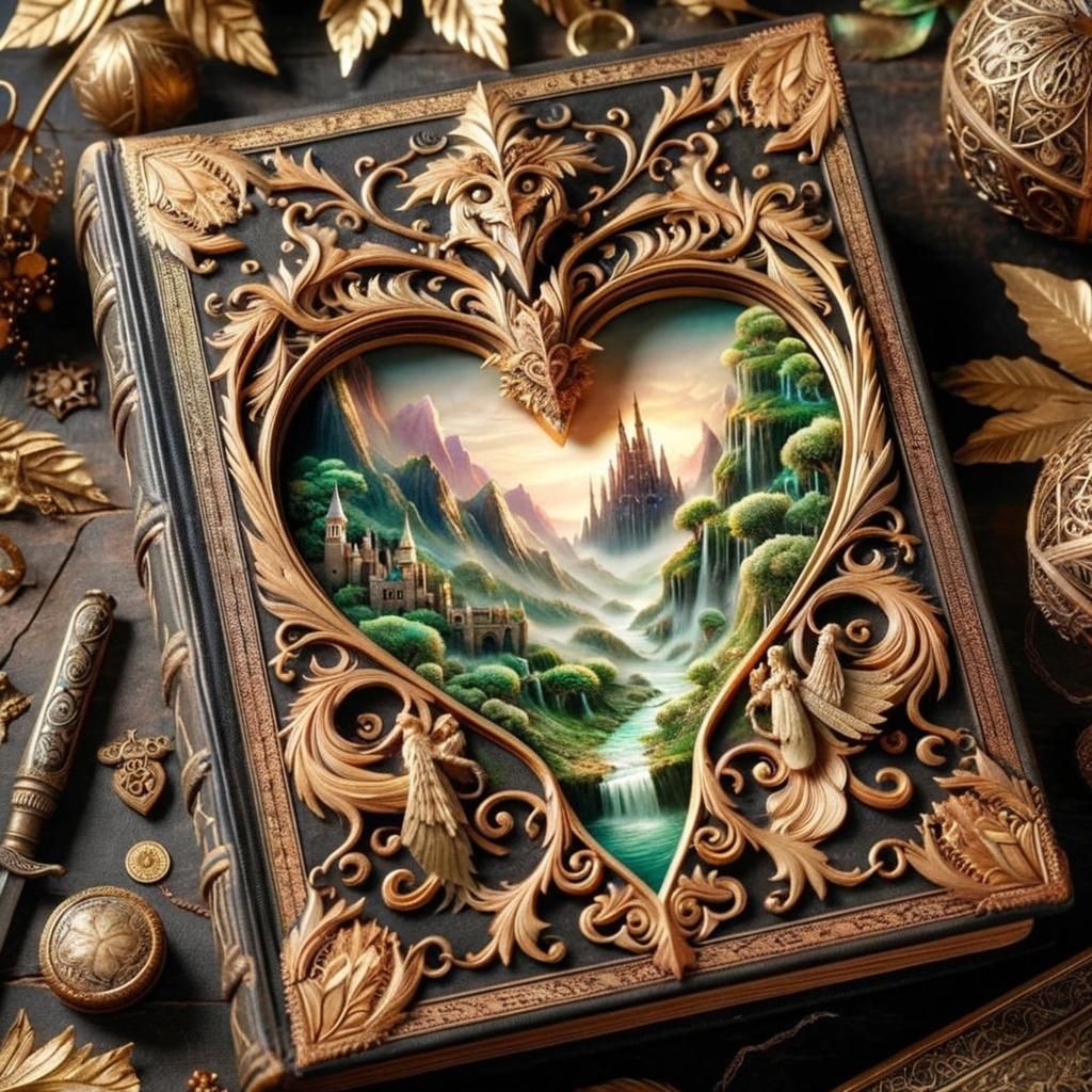 Ornate Book with Heart Window to Fantasy World