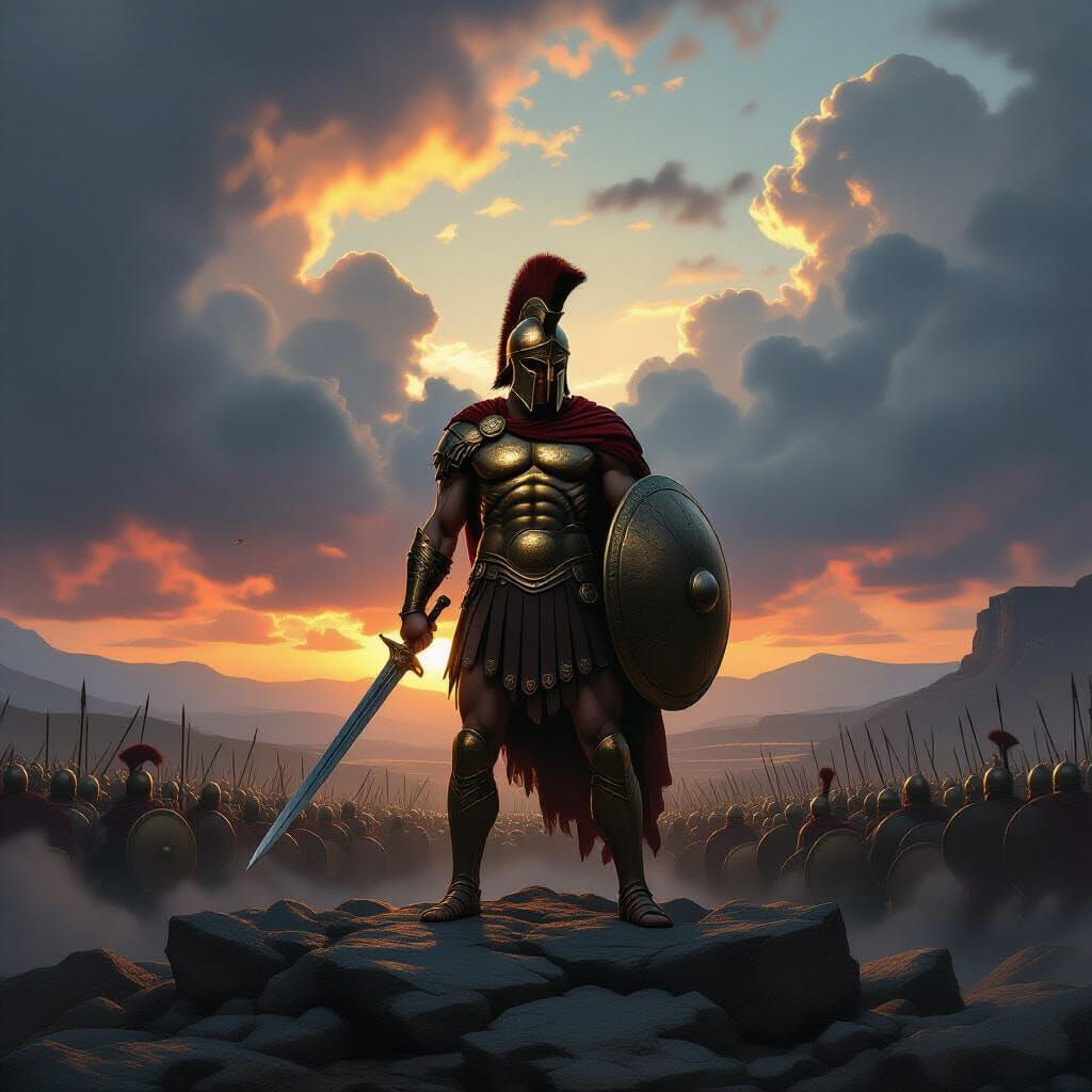 Spartan Warrior on Rocky Outcrop in Dramatic Storm