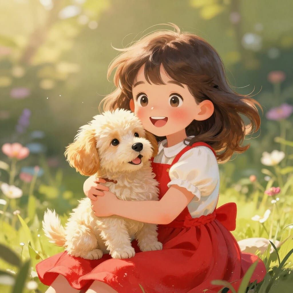 Girl and Puppy in Garden, Whimsical Storybook Style