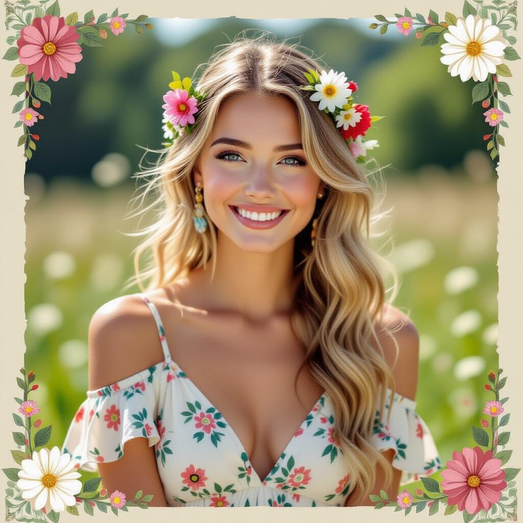 Folk Art Portrait of a Smiling Woman with Flowers