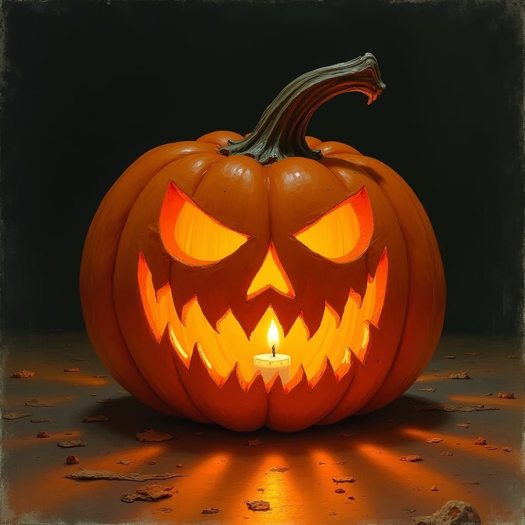Eerie Candlelit Jack O'Lantern in Folk Art Style
