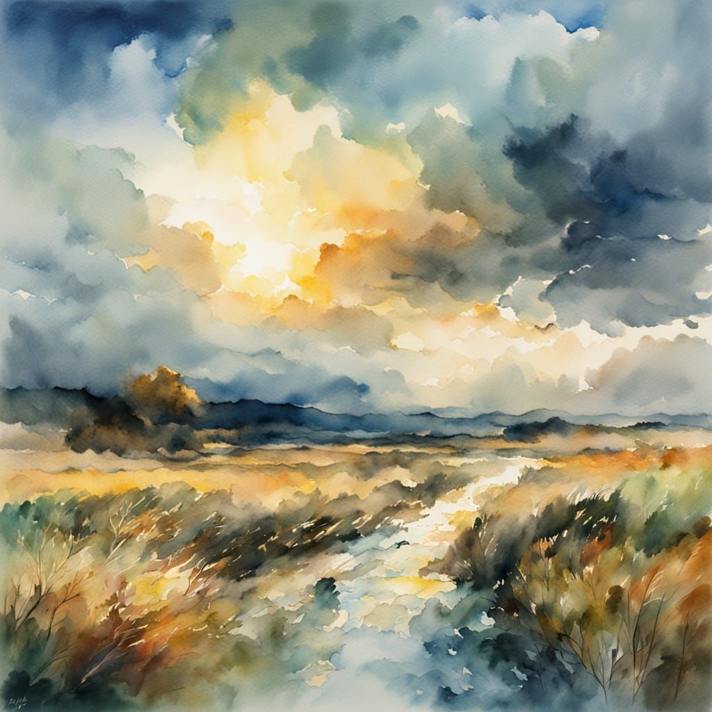 Watercolour Earth and Sky Thunder Landscape