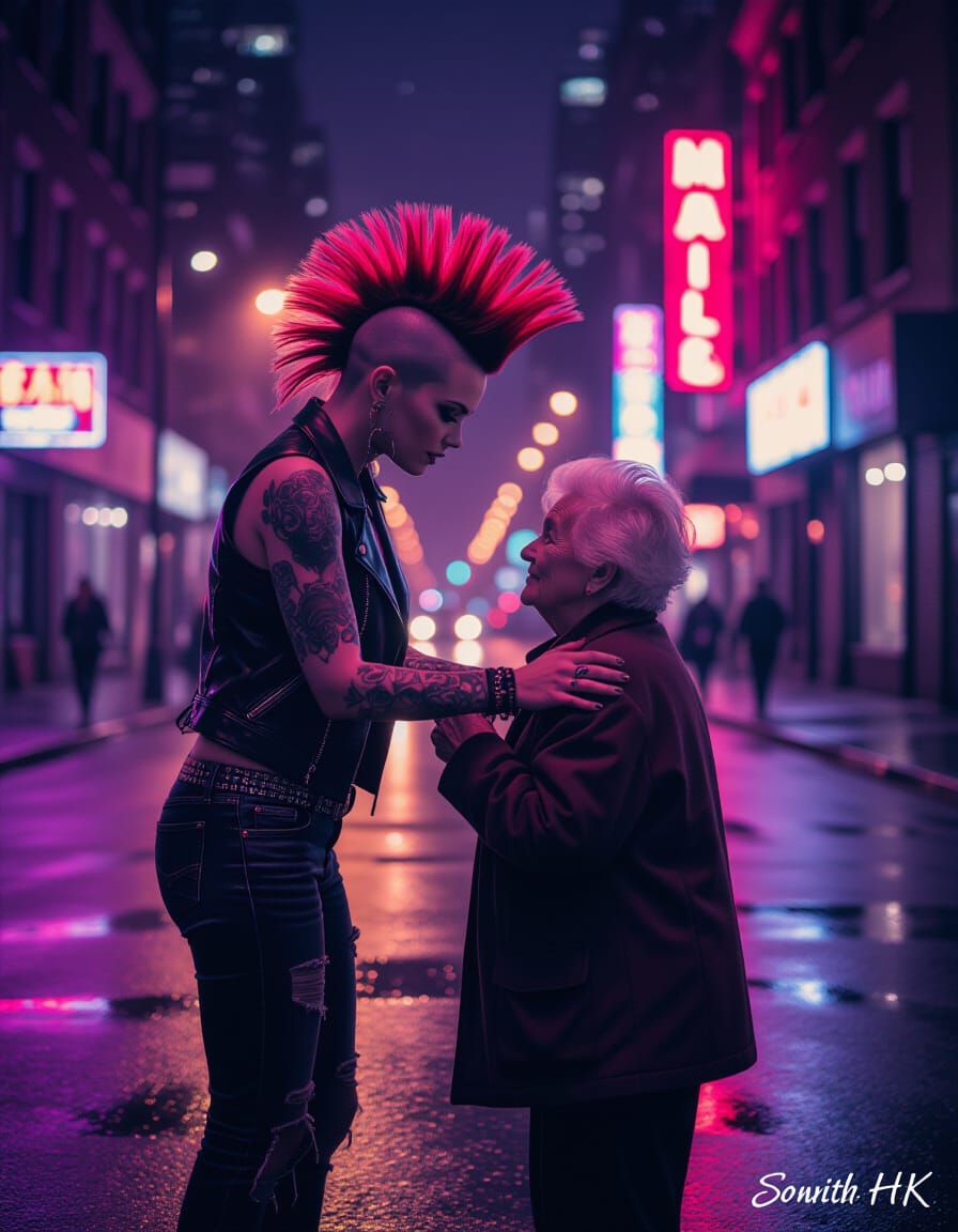 Punk Girl Helps Elder in Moody Cityscape Photo