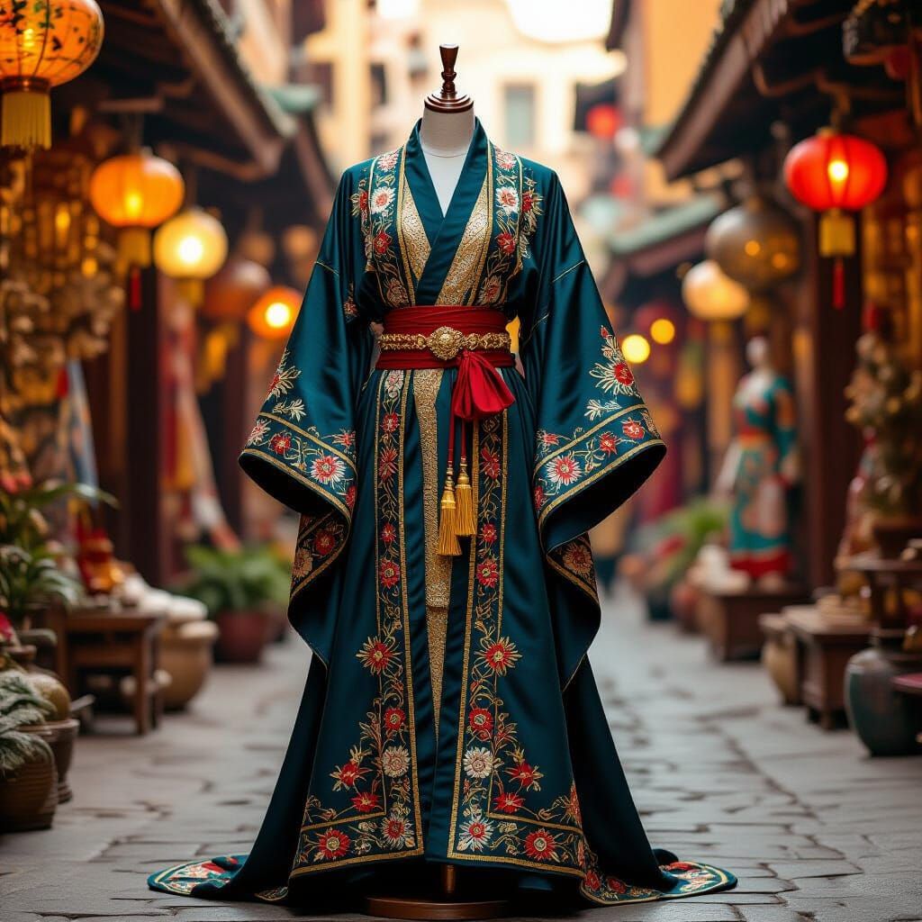 A luxurious oriental robe ond display in a bazaar
