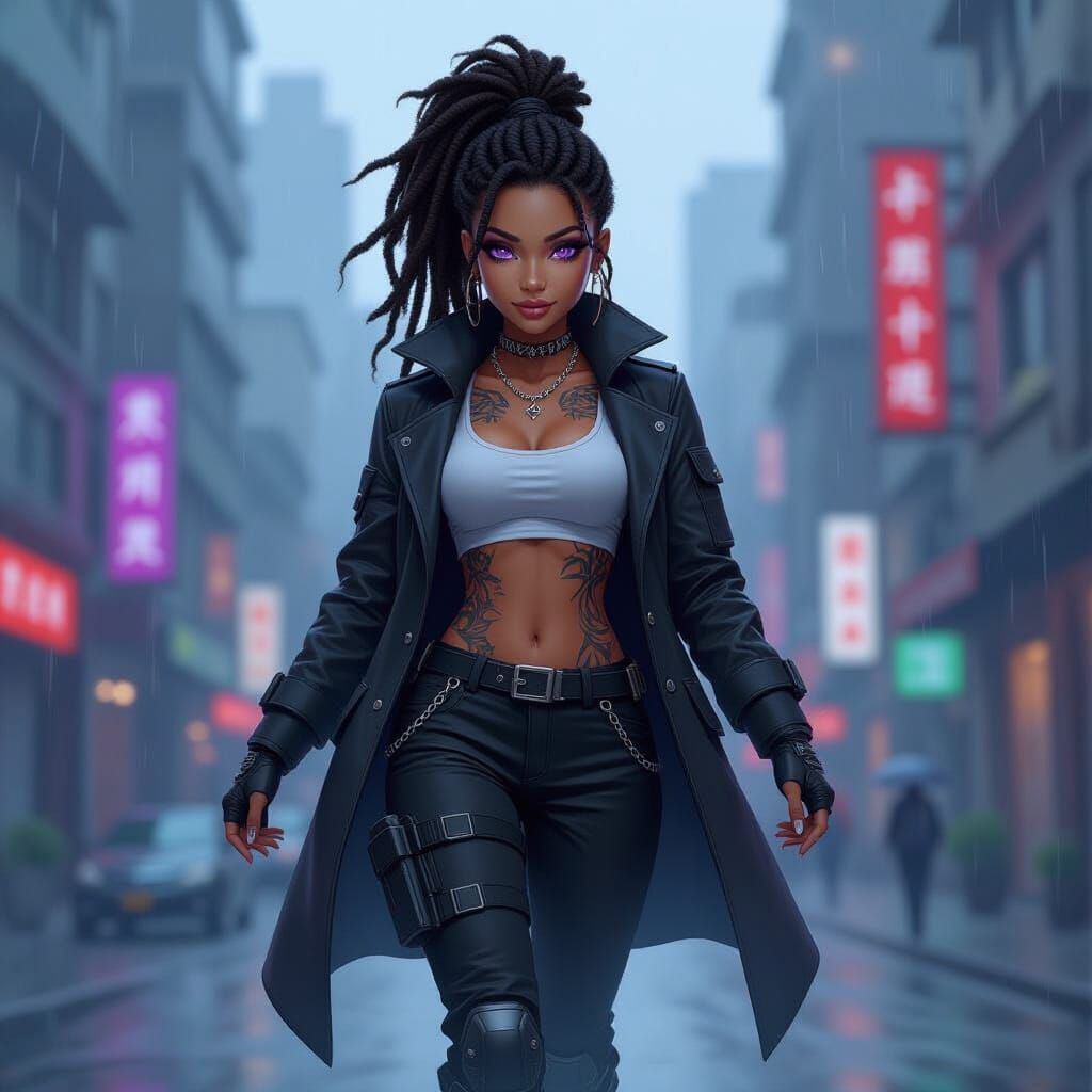 Cyberpunk Woman Falling in Rainy Cityscape, Cel-Shaded Style