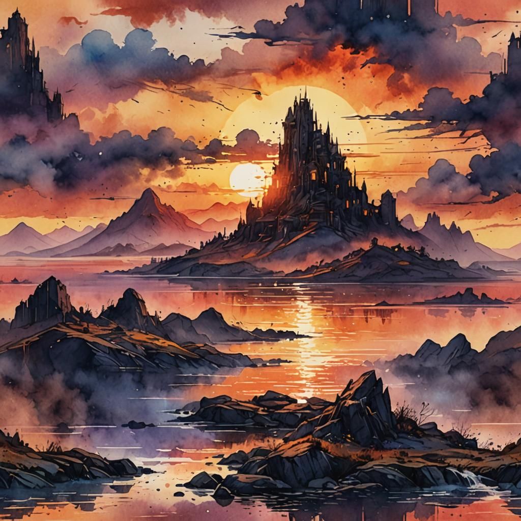Fantastical Sunset: Detailed Matte Watercolor Painting