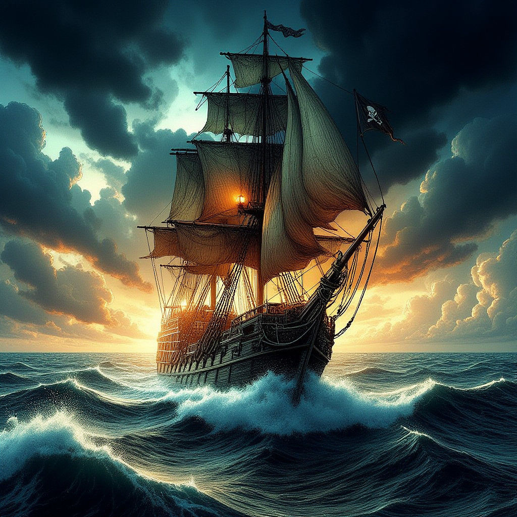 Pirate Ship on Stormy Sea in HDR Detail