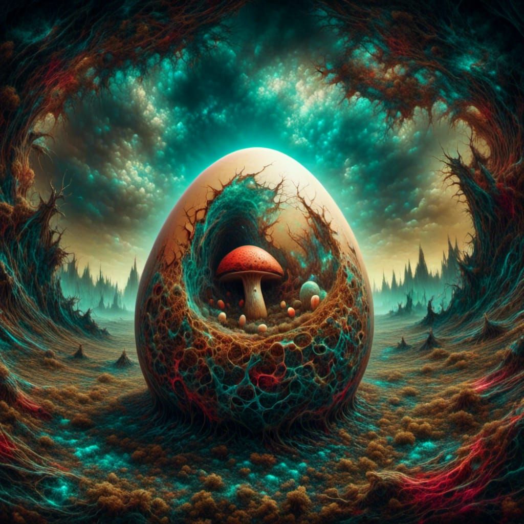 Surreal Mushroom Creature Hatching in Chromatic Landscape