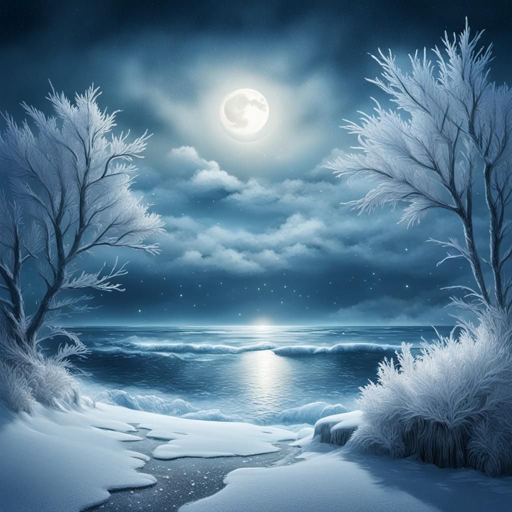 Mystical Winter Beach Night Scene