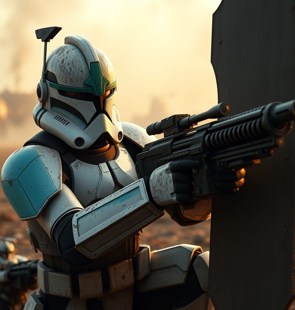 Clone Trooper in Turquoise Phase II Armor, Firing Gatling Gu...