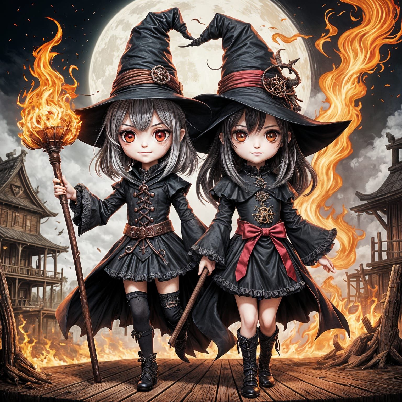 Horrorpunk Chibi Witches in Fiery Salem Portrait