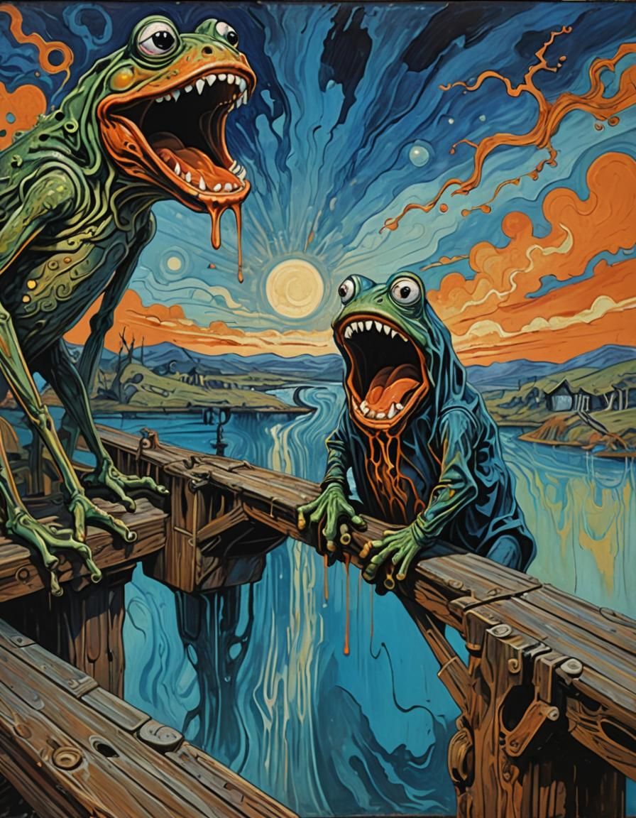 An intensely emotive anthropomorphic screaming at a frog wea...