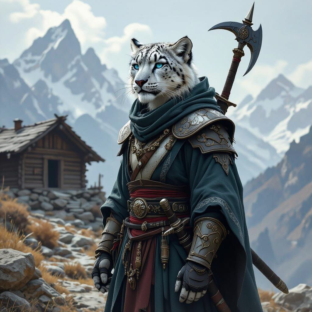 Noble Snow Leopard with Halberd, Dramatic Lighting