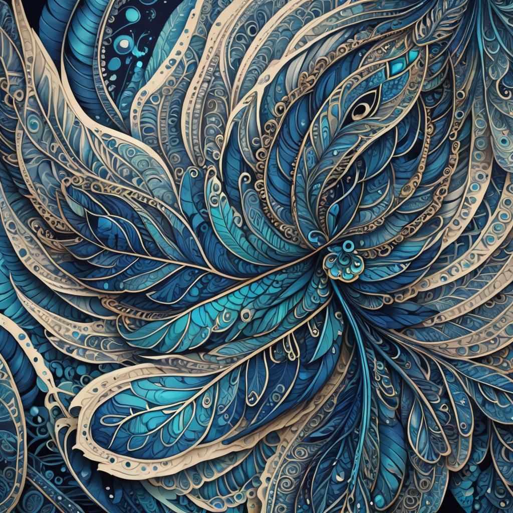 Blue Feather Mandala Art with Fractal Swirls