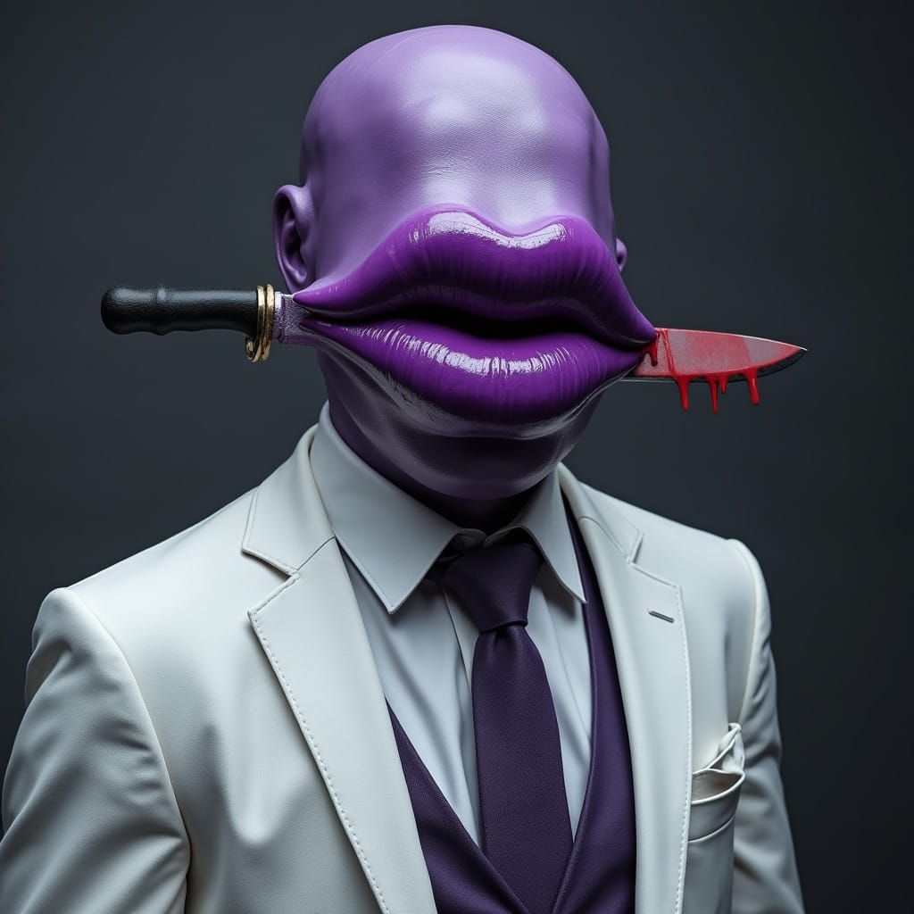 Giant Purple Lips Monster in White Suit, Armed with Bloody K...