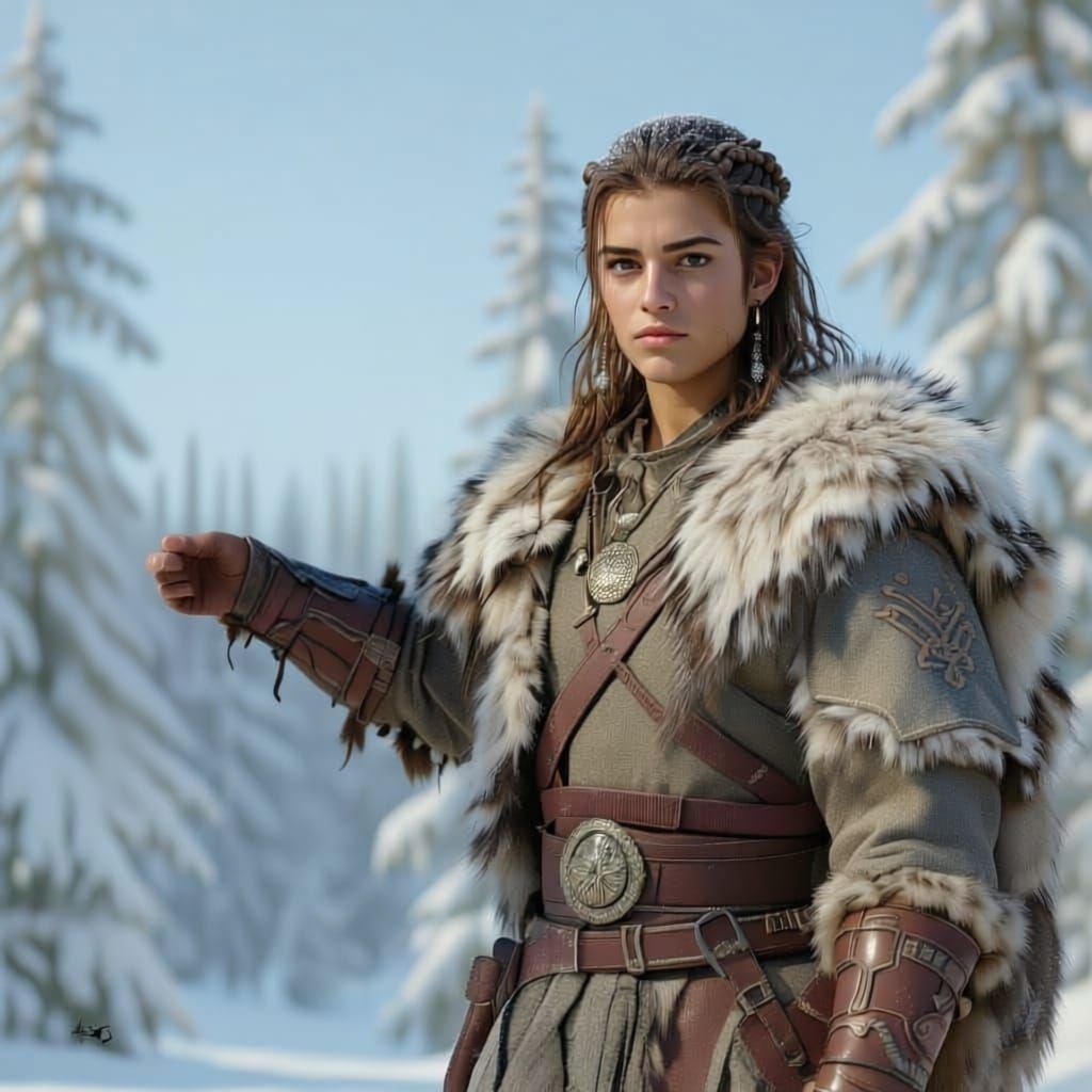 Viking Boy With Eagle in Winter Forest