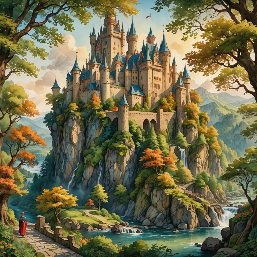 Fantastic Renaissance Watercolor Castle Amidst Vibrant Hills...