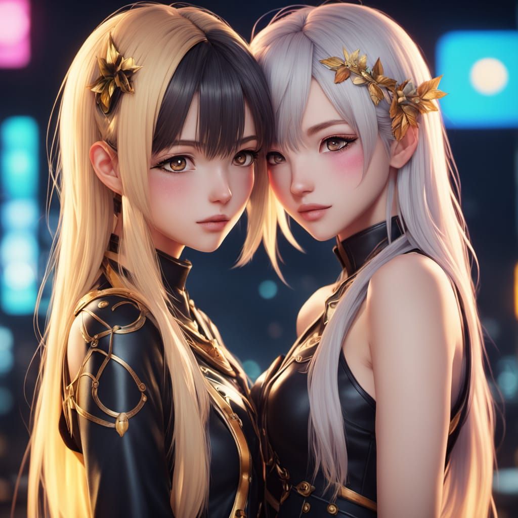 Anime Girls in Vibrant Neon Manga Style