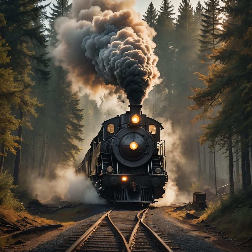 Steam Locomotive in Misty Forest: Industrial Concept Art