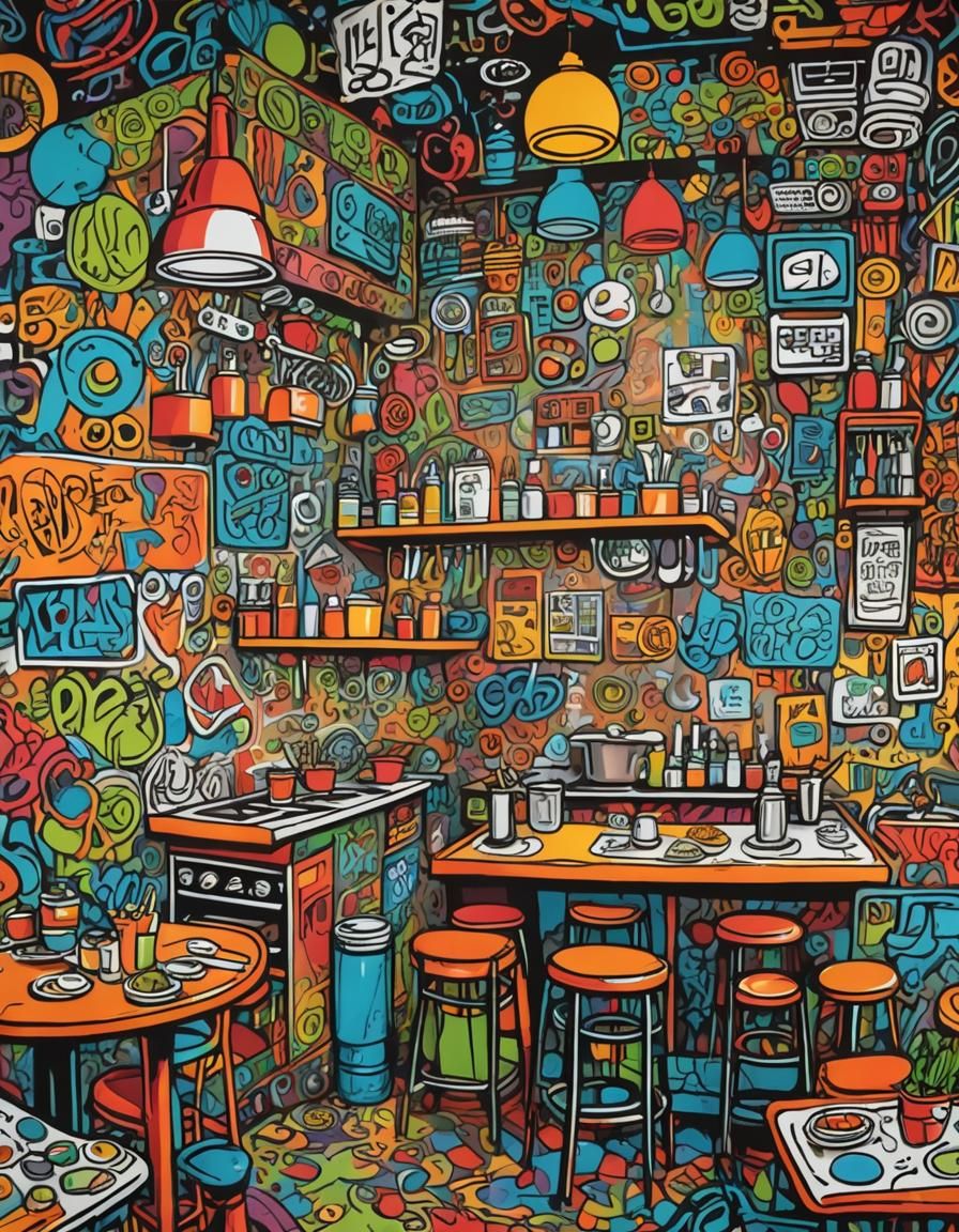 Colorful Graffiti Art of Restaurant Kitchen