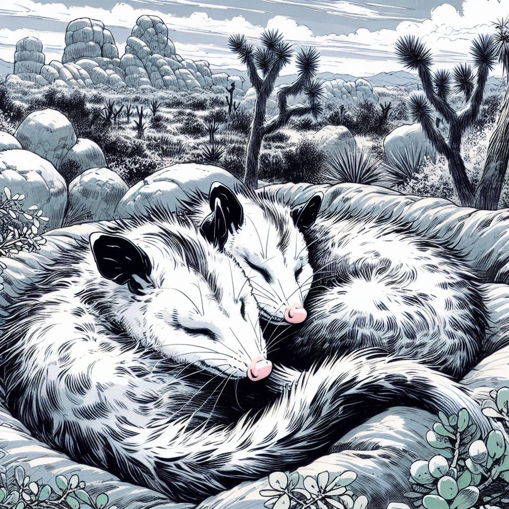 Opossums Sleeping in Joshua Tree: Manga Style