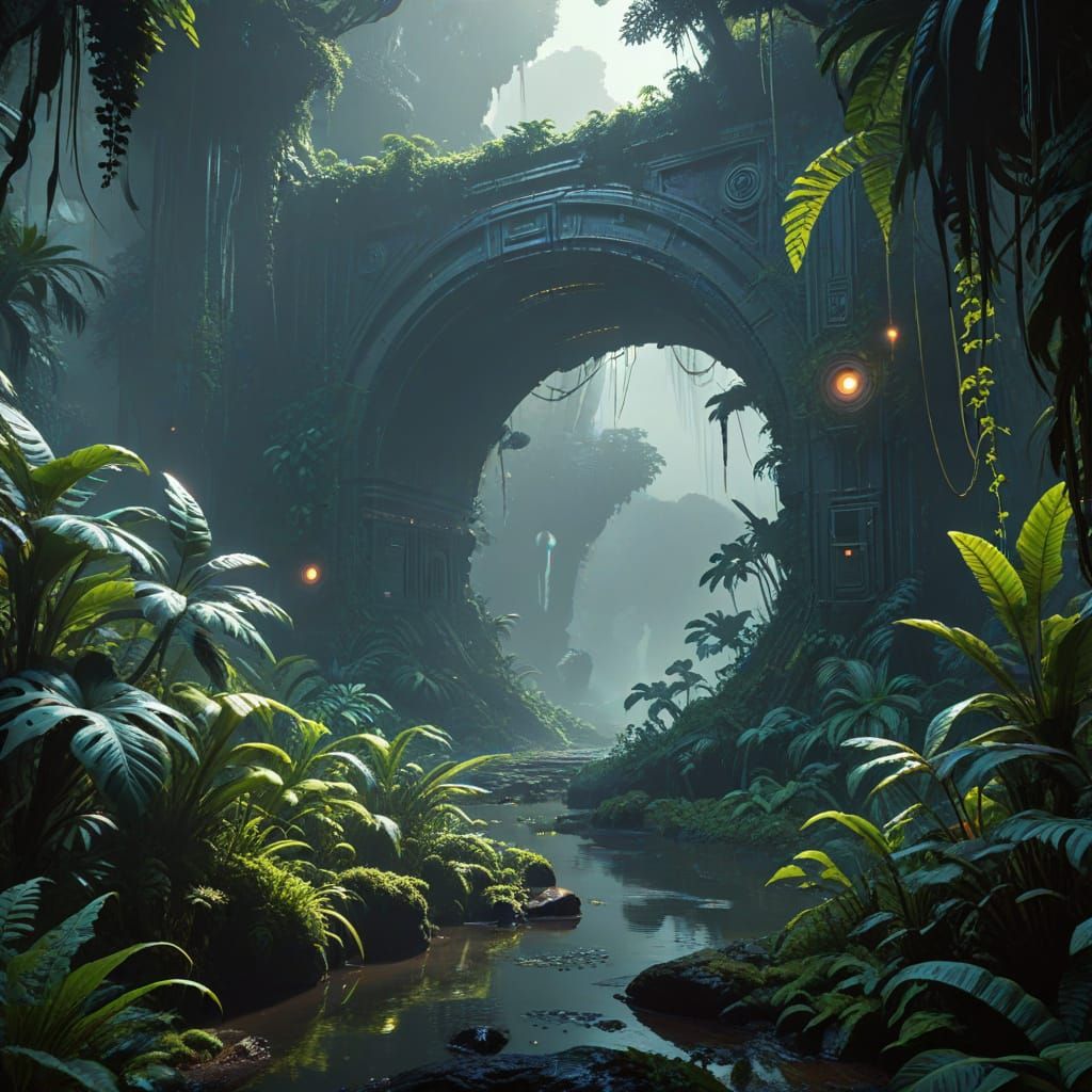 Alien Jungle Portal Discovery in Sci-Fi Style