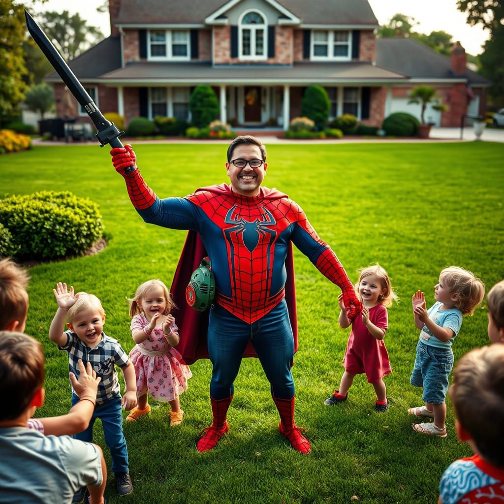 Spiderman Dad Triumphs: Leaf Blowing Superhero